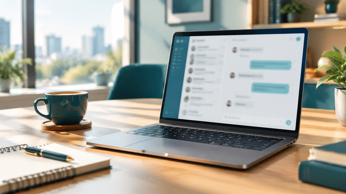 A laptop with a softly blurred chat interface