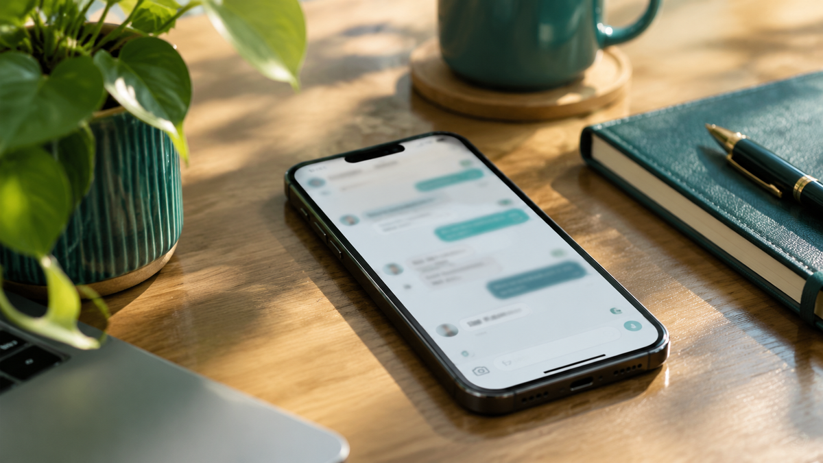 A smartphone on a desk with a softly blurred messaging screen