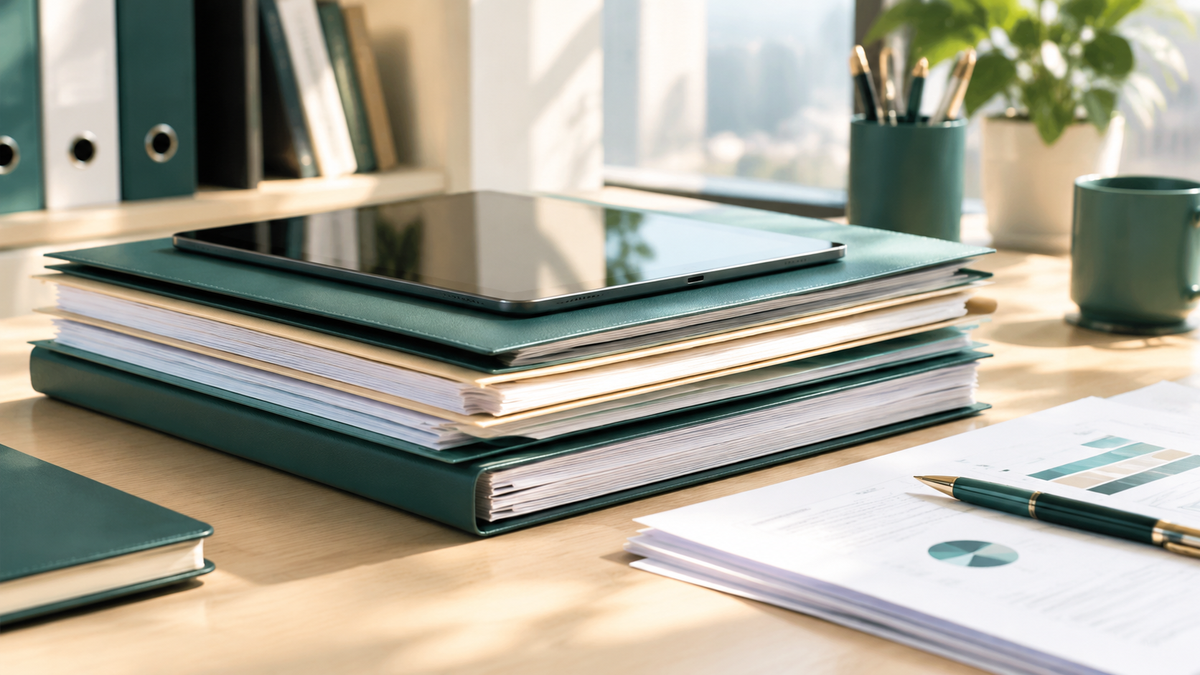 Stacked folders and documents on a desk