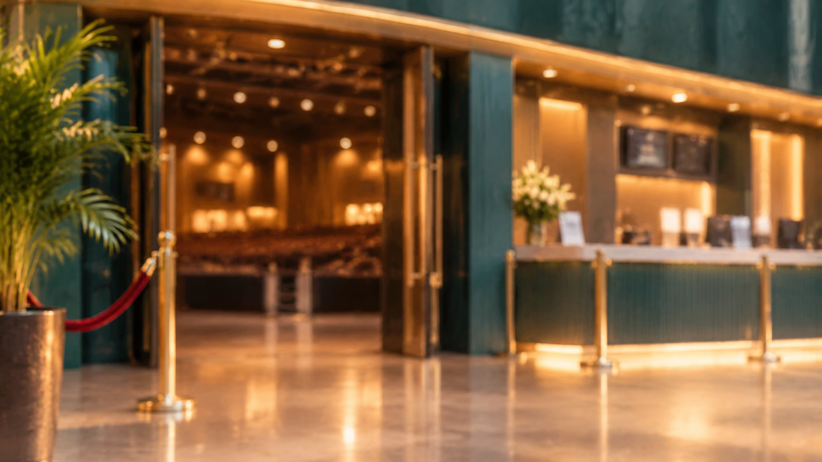A venue foyer with warm lights