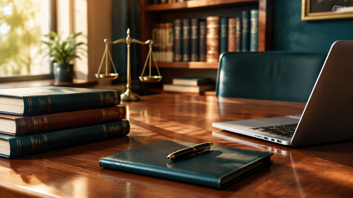 A law office with bookshelves